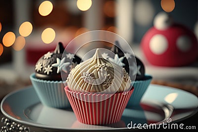 Plate with delicious Christmas cupcakes on blurred background, closeup Stock Photo