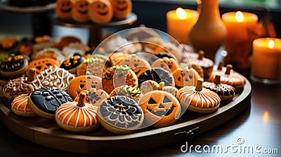 Plate of delicious orange and black gingerbread cookies in the shape of evil pumpkins, cobwebs close up on holiday table Stock Photo