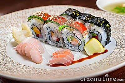 Plate of Maki Rolls And Sashimi Generative AI Stock Photo