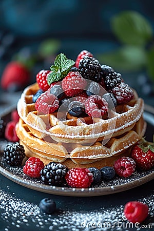 A plate of delicious waffles and berries are on the table Stock Photo