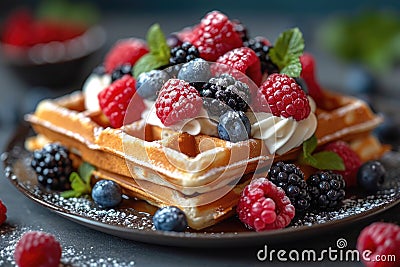 A plate of delicious waffles and berries are on the table Stock Photo