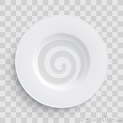 Plate dish 3D white round isolated on transparent background. Vector porcelain soup plate or bowl. Disposable plastic or paper rea Vector Illustration