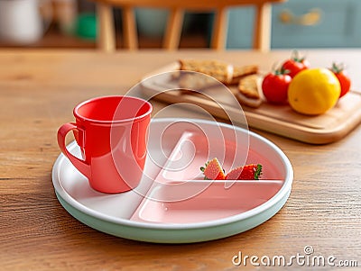Plate with division for portions and cup for small children on table in kitchen Stock Photo