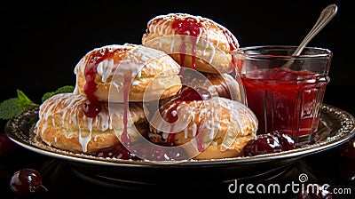 A plate of doughnuts with jam. Generative AI. Stock Photo