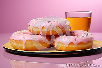 A plate of doughnuts with pink frosting and sprinkles Stock Photo