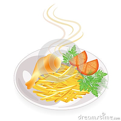 On a plate, the drumstick of chicken fried meat. Garnish potatoes with tomato, dill and parsley. Tasty and nutritious food. Vector Cartoon Illustration