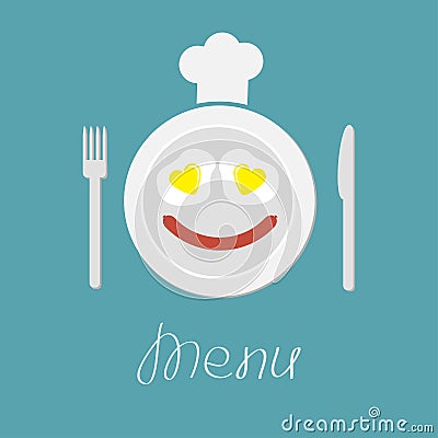 Plate with eggs heart and sausage. Fork, knife and chefs hat. Me Vector Illustration