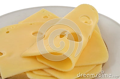 Plate of Emmental Slices close-up Stock Photo