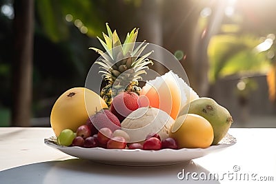 Plate of exotic tropical fruits including Litchi, pitaya, Durian, pineapple, mango, coconut, Guajava, Passion fruit, Passiflora, Stock Photo