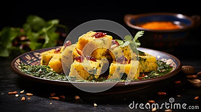 Plate featuring spicy dhokla paired with flavorful chutney Stock Photo