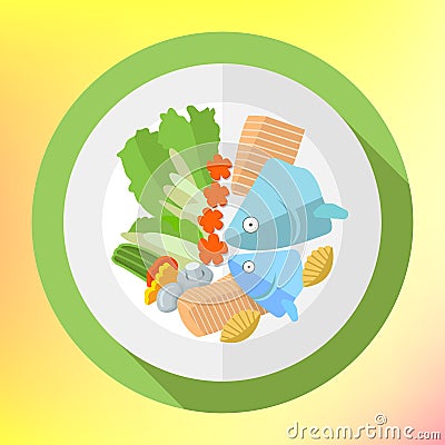 Plate fish salad flat icon Vector Illustration