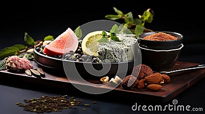 a plate of food with a bowl of fruit and a bowl of nuts. generative ai Stock Photo
