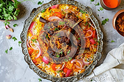 A plate of food featuring a generous portion of meat and rice, creating a fulfilling and savory meal, An overhead view of colorful Stock Photo