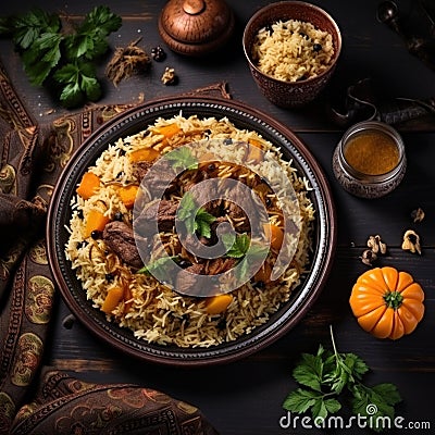 A plate of food with meat and vegetables. Uzbec plov, pilaf dish. Cartoon Illustration