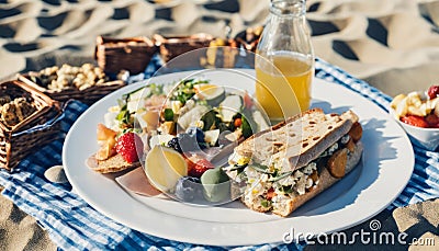 A plate of food on a table with a bottle of juice Stock Photo