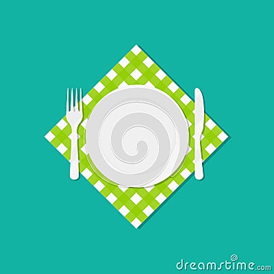 Plate, fork and knife on tablecloth. Cutlery on green checkered tablecloth. Icon for food and dining. Illustration of breakfast, Vector Illustration