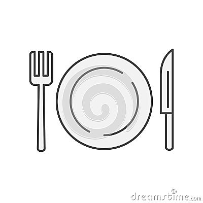 Plate with fork and knife western restaurant icon. Kitchen appliances for cooking Illustration. Simple thin line style symbol Stock Photo