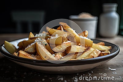 a plate of freshly made chips, with a sprinkle of salt and pepper Stock Photo
