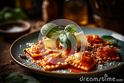 Plate of freshly made ravioli filled with creamy ricotta cheese. AI generated. Stock Photo