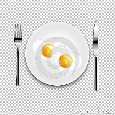 Plate With Fried Egg Heart Fork And Knife Transparent Background Vector Illustration