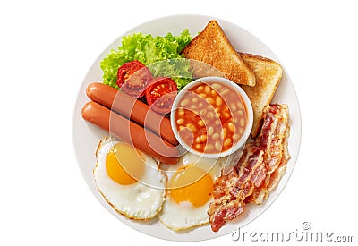 plate of fried eggs with bacon beans sausages toasts and tomatoes isolated on white background Stock Photo