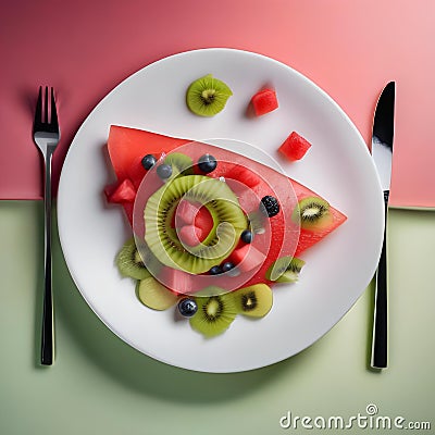 A plate of fruit salad shaped like a fish, with watermelon scales and kiwi fins4 Stock Photo