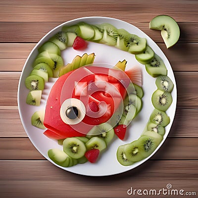 A plate of fruit salad shaped like a fish, with watermelon scales and kiwi fins3 Stock Photo