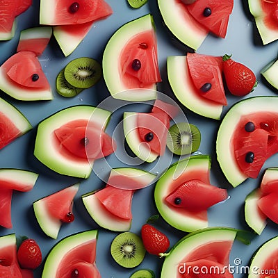 A plate of fruit salad shaped like a fish, with watermelon scales and kiwi fins5 Stock Photo