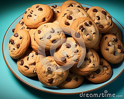 a plate full of chocolate chip cookies on a blue background Stock Photo
