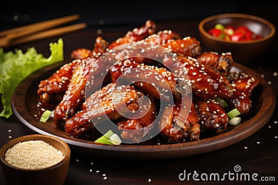 A plate full of savory chicken wings, coated with a generous sprinkling of sesame seeds, Delicious crispy BBQ chicken wings with Stock Photo