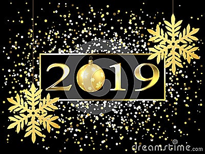 Plate with a gold frame, with metal numerals. 2019 new year. Brilliant snowflakes on the thread, highlights, flashing lights Vector Illustration