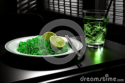 a plate of green jellies and a glass of lemonade on a table Stock Photo