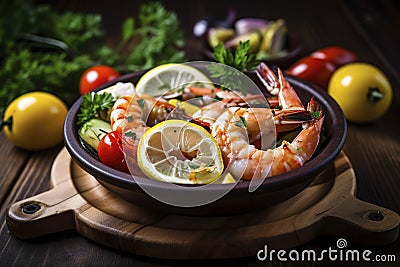 A plate of grilled shrimp and veggies topped with fresh herbs and lemon. (Generative AI) Stock Photo