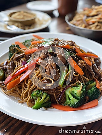 A plate of grilled vegetable lo mein served over a bed of saucy beef.. AI generation Stock Photo