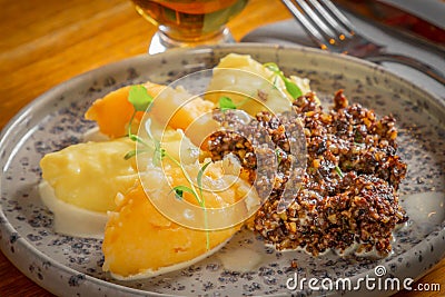 Plate of haggis neeps and tatties seerved with a whisky sauce Stock Photo