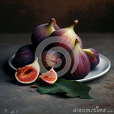 Plate of Ripe Purple Figs Stock Photo