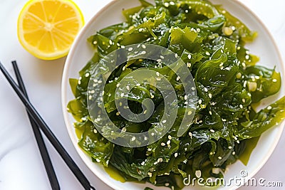 Plate with healthy seaweed salad, lemon and chopsticks on a light background. Close-up. Japanese traditional food Stock Photo