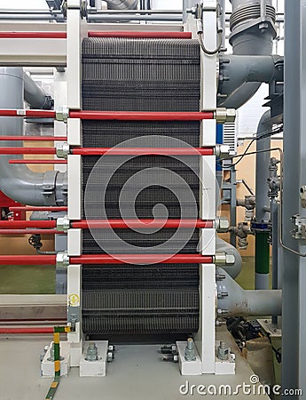 Plate heat exchanger for heat transfer from a hot heat carrier to a cold me Stock Photo