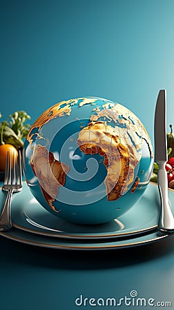 A plate holds a globe with a fork, set against a blue background Stock Photo