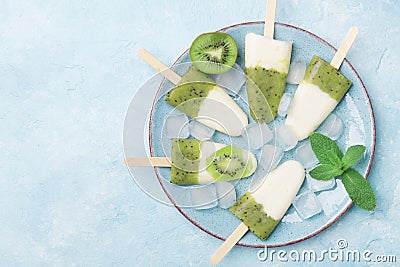 Plate of homemade fruity ice cream or popsicles from kiwi smoothie and yogurt top view. Summer refreshing sweets. Stock Photo