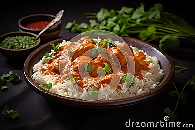 Plate with Indian butter chicken meal with rice on dark background Stock Photo