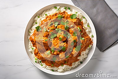 Top view of Indian butter chicken meal with rice in white plate Stock Photo