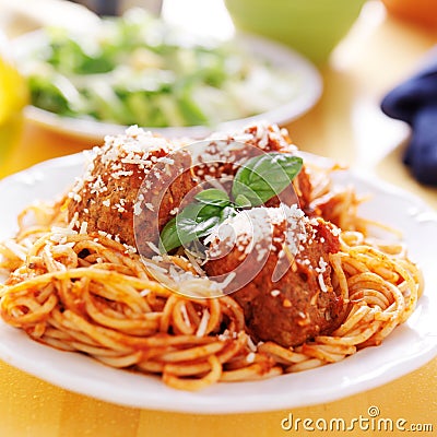 Plate of italian spaghetti and meatballs Stock Photo