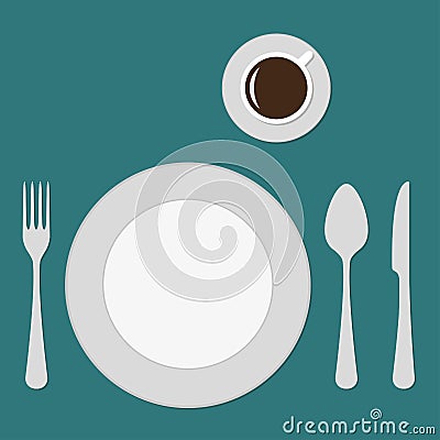 Plate, knife, fork, spoon and cup. Top view of table setting. Flat design. Vector illustration Vector Illustration