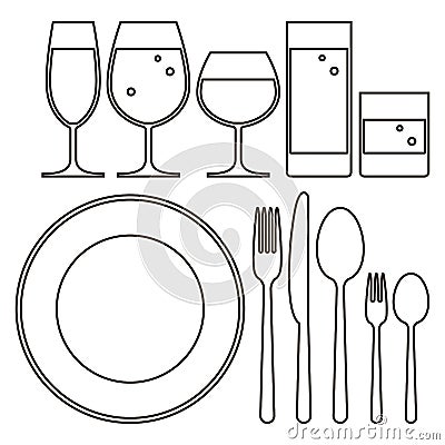 Plate, knife, fork, spoon and drinking glasses Stock Photo