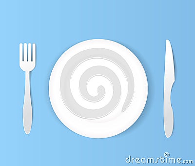 Plate knife and fork white set.paper art vector illustration Vector Illustration