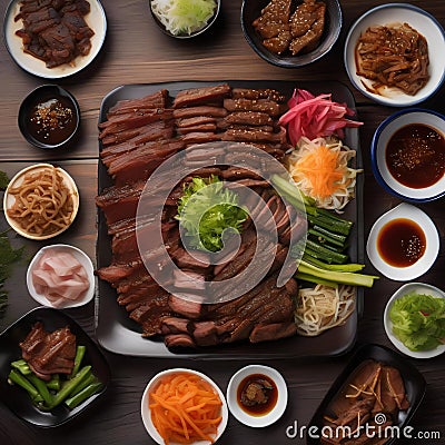 A plate of Korean BBQ with thinly sliced beef and an assortment of banchan3 Stock Photo