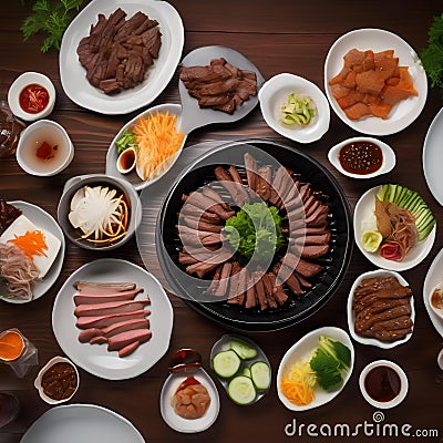 A plate of Korean BBQ with thinly sliced beef and an assortment of banchan4 Stock Photo