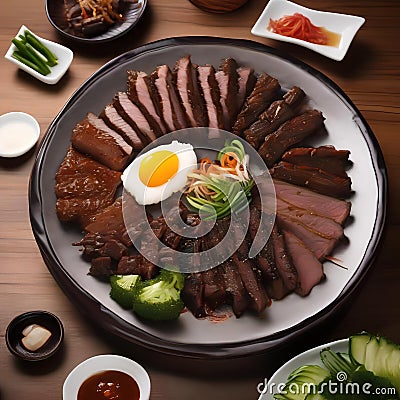 A plate of Korean BBQ with thinly sliced beef and an assortment of banchan2 Stock Photo