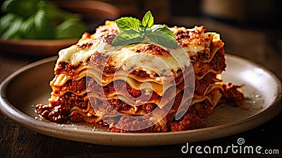 a plate of lasagna on a table Stock Photo